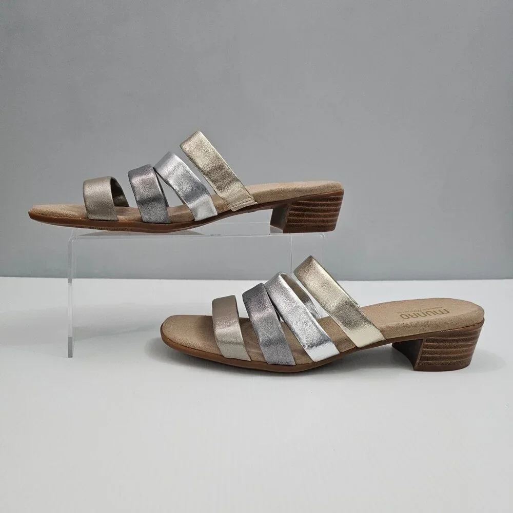Munro Adrianne Metallic Strappy Sandal Womens 10 NARROW Taupe Leather Slide